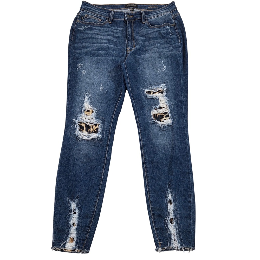Judy Blue Distressed‎ Skinny Jeans Animal Print Patches Dark Wash 11/30 Denim